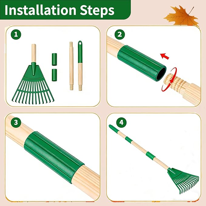Kids' Leaf Rakes, Small Children's Lawn and Garden Tools, Toddler Yard Tool Set, 2 Pcs 35'' Plastic Head Leaf Rake with 2 Pairs of Gloves, Adjustable Wooden Handle , Safe for Boys and Girls