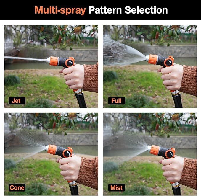 Besiter Garden Hose Nozzle Sprayer High Pressure Water Hose Nozzle with 4 Patterns with Adjustable Spray for Car Washing, Garden Watering, Patio Cleaning and Pets (Orange)