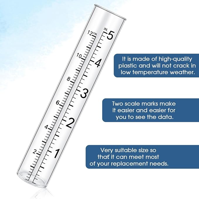 SynHHergyx 2 Pcs 5" Rain Gauge Replacement Tubes for Outdoor Plastic Rain Gauges for Garden Yard Home, Clear Rain-Gages, Diameter 0.87"/2.2cm; Top Diameter: 0.94"/2.4cm