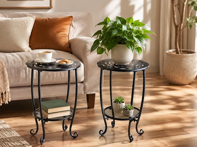 2-Tier Metal Round Side Table Black Accent Coffee Tables Small Space Corner Plant Stand Shelf for Indoor Outdoor Porch Patio Balcony Living Room End Table with Storage, Rust-Proof