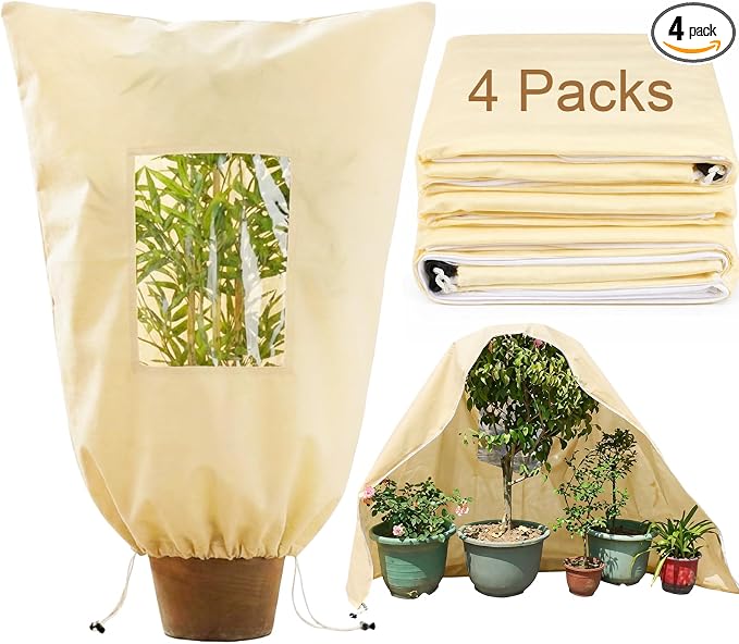 4 Pcs Large Plant Covers Freeze Protection with Viewing Window, Drawstring & Zipper Winter Frost Covers, Shade Cloth for Shrubs, Small Trees, Frost(Beige,47.24 x 70.87 Inch)