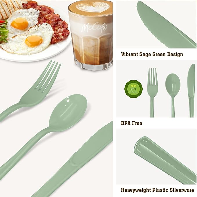 100 Pcs Sage Green Plastic Forks Sage Green Plastic Silverware Disposable Cutlery Heavy Duty 100 Forks for Birthday, Baby Shower, Picnic