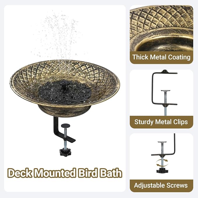 Solar Bird Bath for Deck Railing, 12.6“ Metal Solar Powered Bird Bath Fountain with Bubbler, 3.5” Adjustable Clamp for Balcony & Patio, 2-in-1 Deck Bird Feeder for Garden Yard Decor, Gold