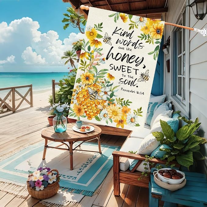 Baccessor Summer Bee House Flag 28x40 Inch Double Sided Burlap, Kind Word Honey Sweet Yellow Floral Flowers Holiday Porch Patio Outdoor Outside Decoration