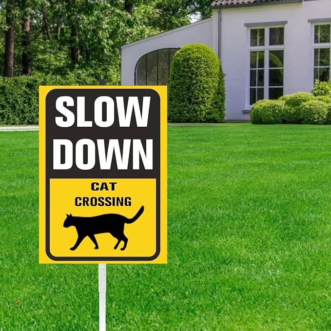 Slow Down Cat Crossing Safety Sign for Street Rustproof Reflective Aluminum Caution Drive Slowly Watch for Deaf Cat Sign Garden Animal Sign for Neighborhoods