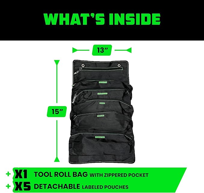 Rhino USA Tool Bag Roll - Heavy Duty Canvas Organizer Pouch for Tools - Ultimate Travel Tool Storage Kit for UTV, Car, Truck, 4x4 Offroad - Upgraded with Labeled & Removable Pouches - Secured for Life