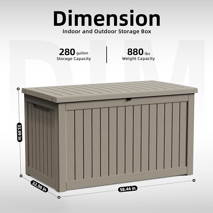 280 Gallon Outdoor Storage Box Waterproof, Resin Lockable Deck Box with Lid, Large Capacity Weatherproof Container for Patio Furniture Pool Accessories, Cushions(Grey, 280 Gallon)