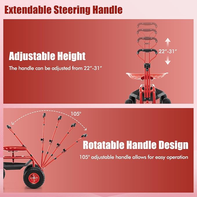 Goplus Rolling Garden Cart with Seat, Outdoor Garden Stool with Wheels, Tool Tray & Basket, Adjustable Steering Handle, 360 Degree Swivel Seat for Planting, Gardening Scooter for Lawn, Yard, Patio