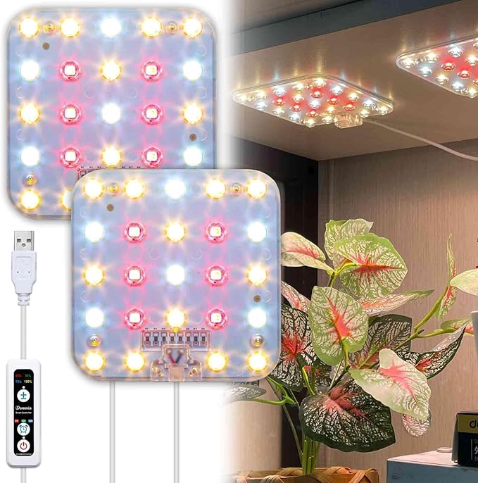 Full Spectrum LED Grow Light for Indoor Plants, 2 Panels 10W with 6/12/16h Timer Dimmable Plant Lights for Flower Veg Plant Growth USB, Warm White, 1-Pack