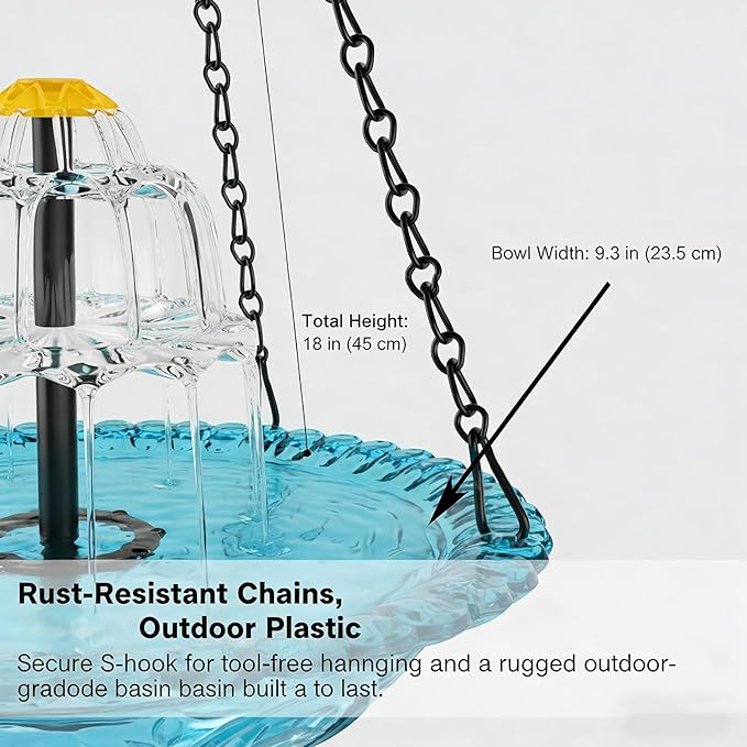 Hanging Solar Bird Bath Fountain EOHMAK Solar Powered Cascading Outdoor Water Fountain, Hanging Bird Bath with Water for Outdoors Garden Patio Backyard Lawn Decor (Blue)