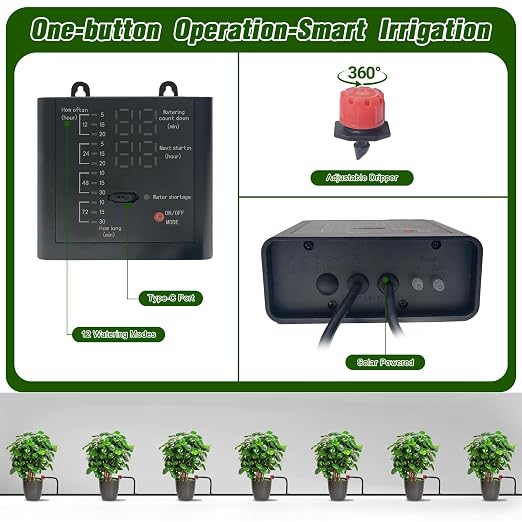 Solar Automatic Drip Irrigation Kit System, 12 Timer Settings Garden Irrigation System, Self Watering Devices for Plants, Raised Beds, Greenhouse, Travel, IP44 Waterproof (10 Pots)
