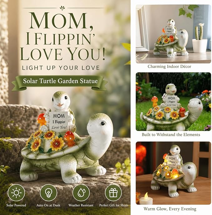 Solar Turtle Garden Statue 7.5 inches, I Flippin Love You Tortoise Figurine with 7 LED Lights, Outdoor Lawn Decor for Patio, Yard, Balcony, Birthday for Mom, Grandma, Women