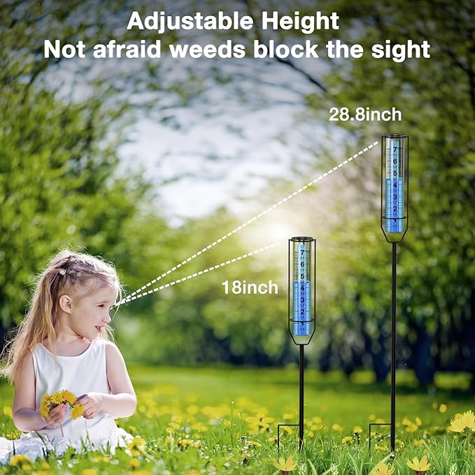BoArt Rain Gauge, 7" Freeze-Proof Thickened Transparent Plastic Rain Gauge Outdoor, Large Clear Numbers and Adjustable Height Rain Measuring Tool for Garden, Lawn, Patio, and Farm Use