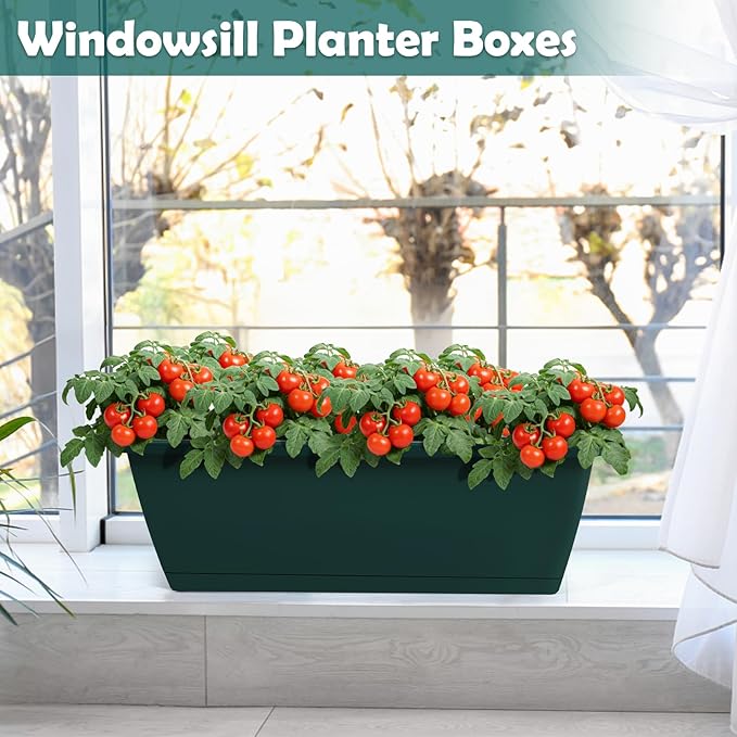 6 Pack Deck Railing Planter Boxes Outdoor Fence Planters with Drainage Holes, 17’’ Window Boxes Planters with Adjustable Metal Brackets for Garden, Balcony, Patio, Green