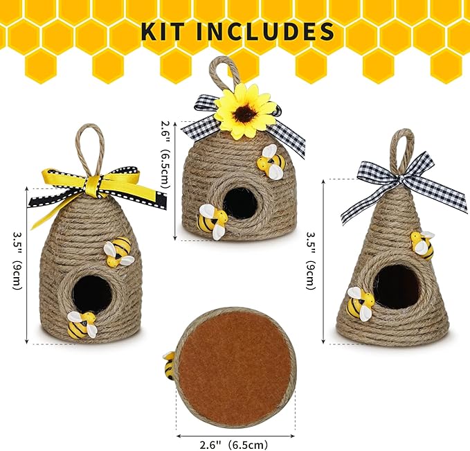 Bee Hive Decor,3 Pack Bumble Bee Rustic Hive,Natural Bee House, Bumble Bee Theme Party Decor Spring Summer Rustic Farmhouse Kitchecn Table Decorations, Honey Bee Tiered Tray Decoration