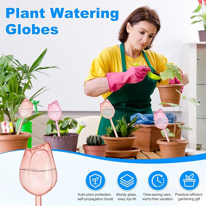 M METERXITY 4-Pack Plant Watering Globes, 9.4 Inch Plastic Self Watering Planter Insert for Indoor/Outdoor Plants, Self Water Devices [Champagne/Pink]