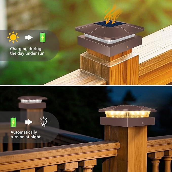 Peasur 4x4 Solar Post Cap Lights Outdoor with 3 Modes, 8 Packs Brown Fence Light Solar Powered Waterproof, Wood/Vinyl Posts Caps Lights for Deck Yard Garden Patio Porch Railing Outside