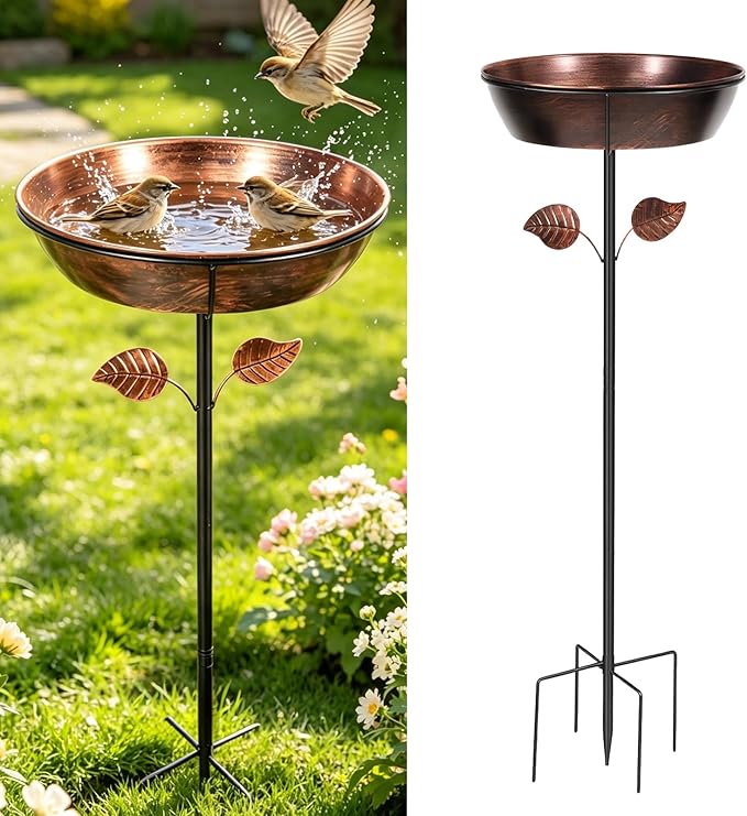 Breeze Touch Metal Bird Bath for Outside, 40.2" Garden Bird Bath, Free Standing Bird Feeder with 5 Prongs Base Stake, Vintage Freestanding Birdbaths & Birdfeeder for Yard Lawn Decor(Bronze)