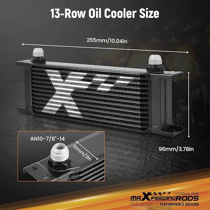 maXpeedingrods 13 Row Oil Cooler Kit, 10AN Transmission Engine Cooler British Radiator Universal Aluminium Black, Banjo Fittings Oil Filter Sandwich Adapter, Air Guide Kit and Oil Cooler Hoses