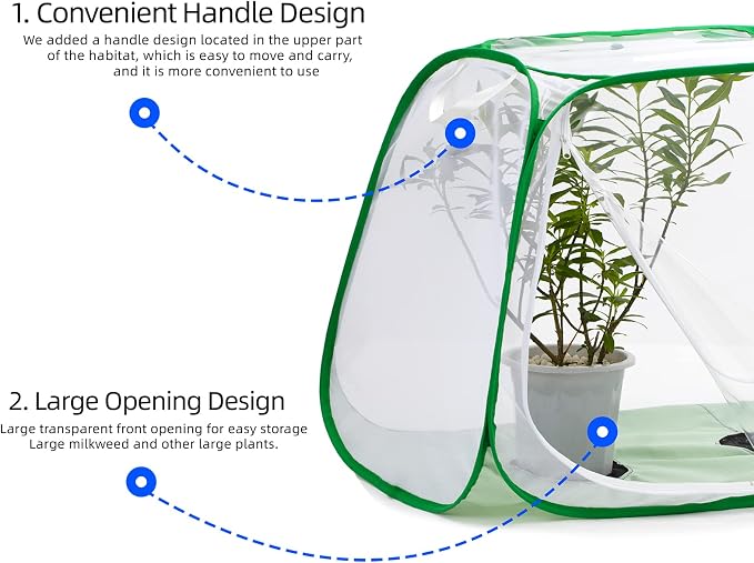 Outdoor Pop-up Large Insect and Butterfly Net Habitat，with Rainproof top Cover Increase Survival Rate, Windproof Trapezoidal Design，Collapsible Caterpillar Growing Mesh Cage Terrarium