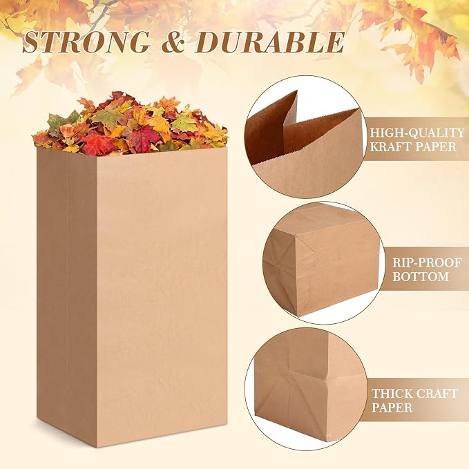50 Count 10 Gallon Lawn and Leaf Paper Bags, Heavy-duty Yard Waste Compost Bags, Tear Resistant, Self Standing