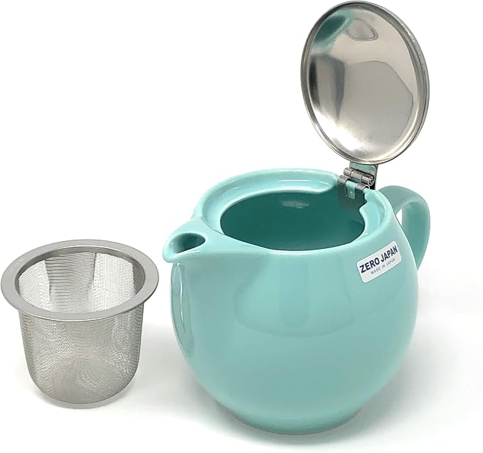 ZERO JAPAN Bee House Round Teapot For One, 15 Oz - Ceramic Tea Pot with Stainless Steel Lid and Infuser, Smooth-Pour Spout, Diswasher and Microwave Safe Tea Pots (Aqua Mist)