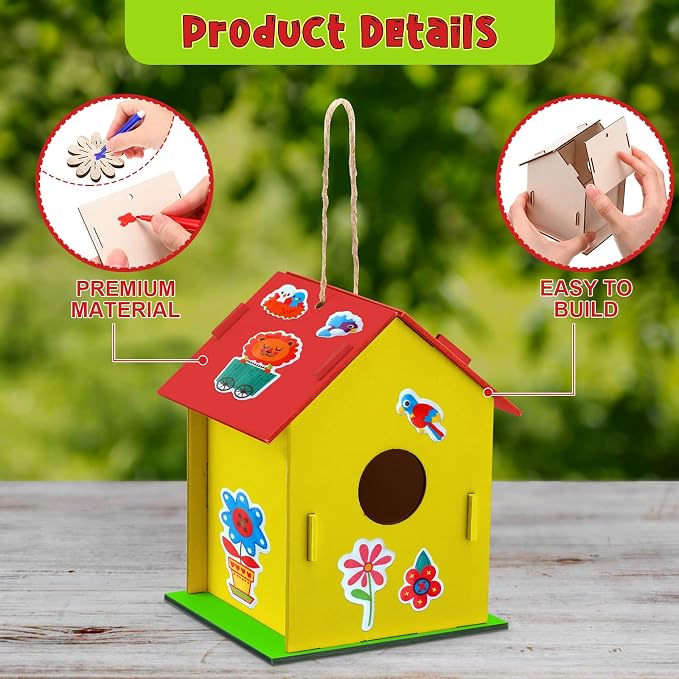 Tuanse 107 Pcs Wooden Birdhouse DIY Kits Includes 21 Unfinished Wood Mini Bird House 24 Watercolor Pen 50 Bird Butterfly Flower Slices 12 Animal Stickers for Adults DIY Craft Making Supplies (Cute)
