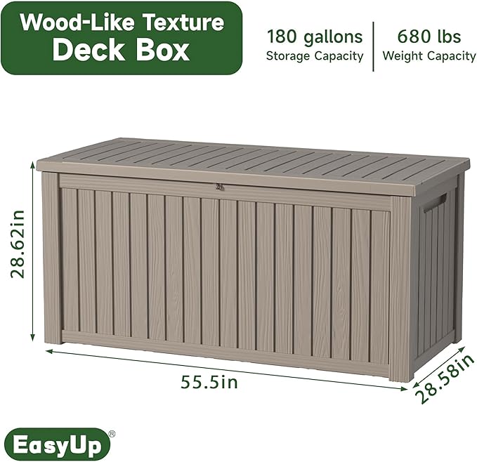 EasyUp 181 Gallon Outdoor Storage Box Waterproof, UV Resistant Resin Deck Box with Hydraulic Rod, Reinforced Stability for Patio, Garden, and Pool, Striped Gray