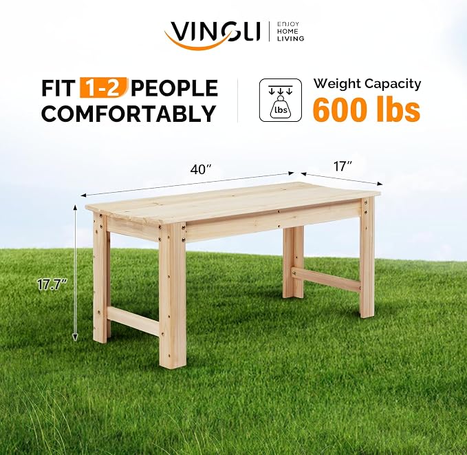 VINGLI Outdoor Wood Bench, 40" Outdoor Bench Patio Wooden Bench Garden Bench Outdoor Backless Bench for Deck Patio (Natural)