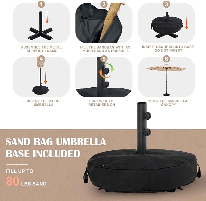 Sundale Outdoor 9FT Patio Umbrella with Sand Bag Umbrella Base, Outdoor Umbrella with Tilt and Crank, Tan