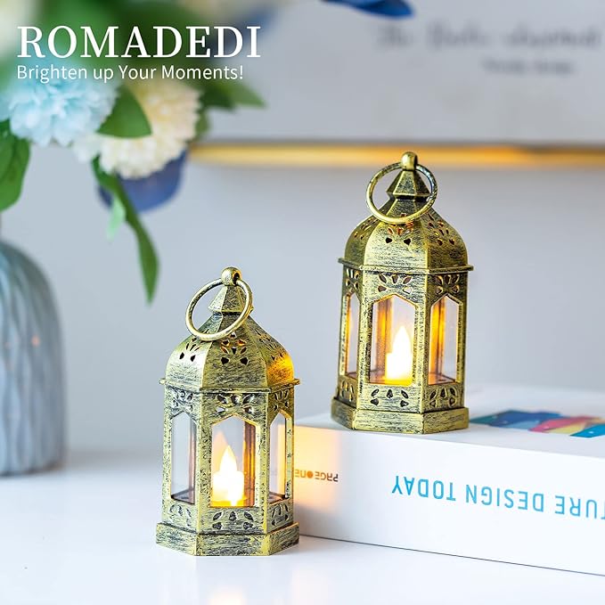 Mini Lanterns Decorative for Wedding Centerpiece - 20 Pcs Romadedi Hanging Small Gold Lantern Bulk with Flickering LED Candles for Halloween Decorations, Christmas Table Decor, Batteries Included