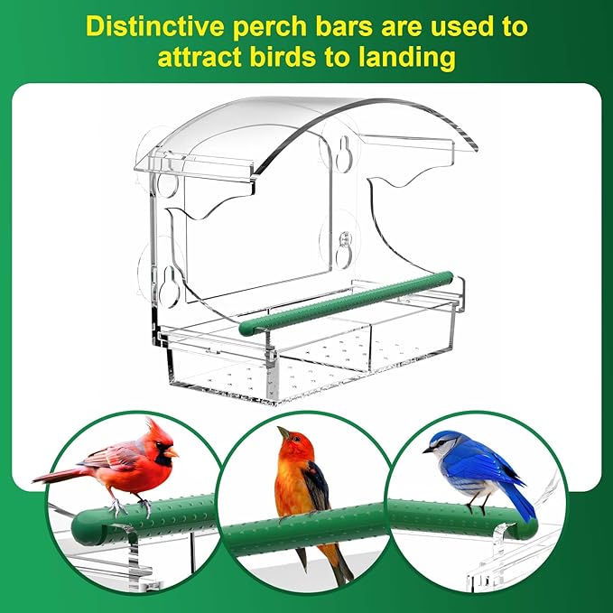 Clear Acrylic Window Bird Feeder for Outside with 4 Strong Suction Cups and Detachable Seed Tray, Highly Transparent Outdoor Viewing Birdfeeder, Wild Bird House Box