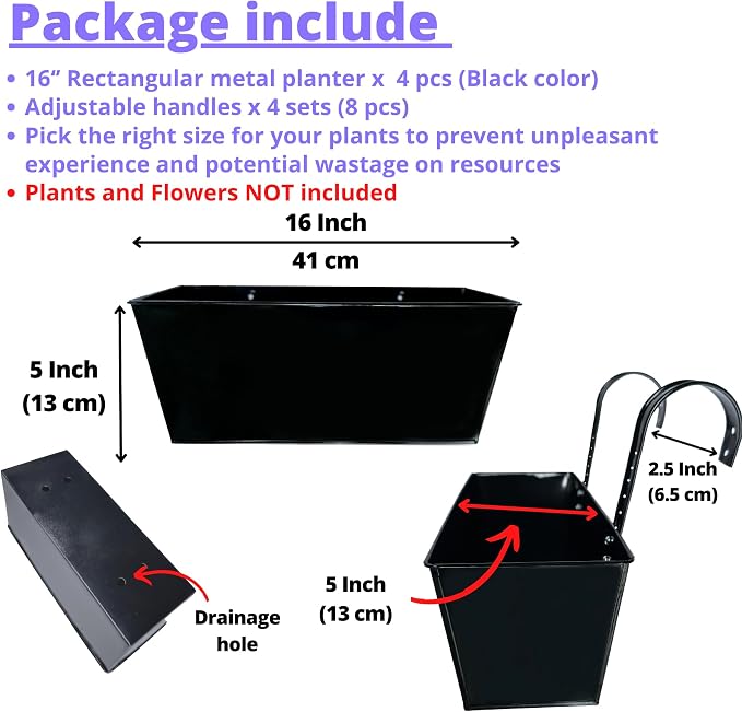 LaLaGreen Rail Planter (16 Inch, 4 Pack) Rectangular Metal Hanging Flower Railing Fence Balcony Gardening for Apartment Patio Planters Outdoor Deck Decoration Garden Style Iron Porch Decor Pots