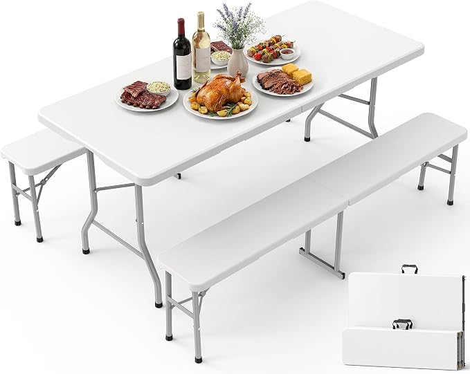 Pureegg Folding Table and Chairs Set - Sturdy 6FT Folding Table with 2 Chairs, No Assembly Required, Portable Camping Table with Carry Handle for Dining, Party, White