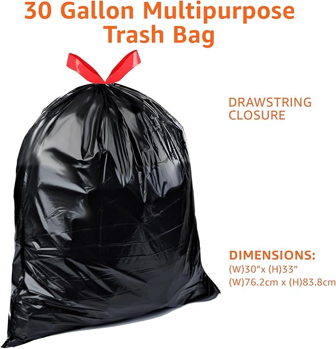 Amazon Basics 30 Gallon Multipurpose Drawstring Trash Bags,20% Post Consumer Recycled,Black with Red Drawstring,(Pack of 300)