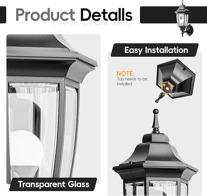 EMART Outdoor Front Porch Light, Exterior Anti-Corrosion, Waterproof Aluminum & Glass Shades Wall Lamp Fixture, Modern Sconce Lantern for Outside, House, Garage - 2 Pack, Black （Bulb Included）