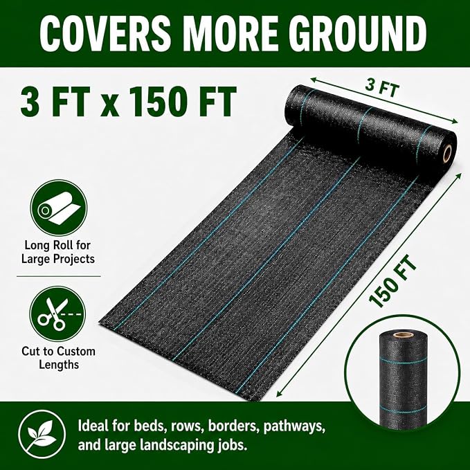 HOOPLE 3 ft x 150 ft Weed Barrier Landscape Fabric, Heavy Duty Woven Polypropylene Ground Cover, Water Permeable Garden Fabric for Flower Beds, Gravel, Mulch & Driveway Base