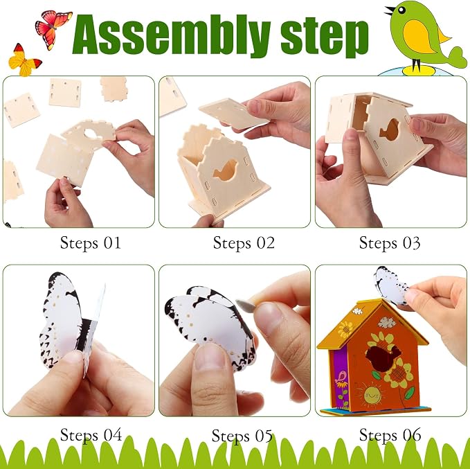Sawysine 107 Pcs DIY Birdhouse Kits for Kids Ages 5-8 8-12, 48 Wooden Bird House Kits in 6 Shapes and 57 Butterfly Sticker for Children Summer Craft Art Activity, DIY Project(107,Multiple Entrance)