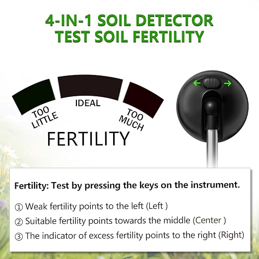 4-in-1 Soil Tester, Battery Free Plant Moisture Meter with PH/Moisture/Light Test/Fertilizer, Soil PH Meter for Garden, Lawn, Potted Plants, Farm (90° Rotation)