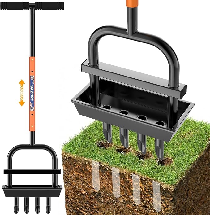 JouZYA Updated Lawn Aerator Tool with Soil Core Collection Tray, Lawn Core Aerator Lawn Tool with 4 Tines Manual Grass Aerator, Spike Lawn Coring Aerator for Lawn Aeration Soil Loosening Yard, Orange