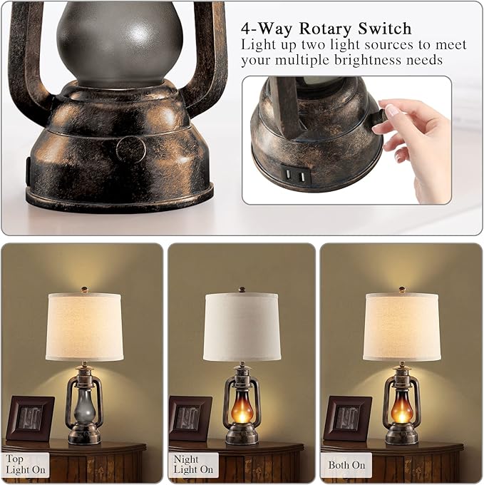 Farmhouse Lantern Table Lamps for Living Room Set of 2 with USB C+A | Vintage Bedroom Resin Lamp, Rustic Retro Bedside Nightstand Desk Lamp, 4 Bulb Included