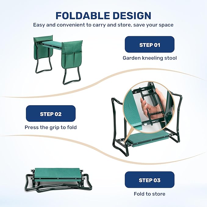 Healsmart Garden Kneeler and Seat, Foldable Kneeling Bench with Sturdy Soft EVA Foam Pad for Gardening, Camping, Fishing, 2 Tool Pouches Included, Green
