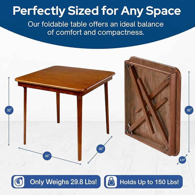 Stakmore Classic Straight Edge Square Folding Card Table 32x32 - No Assembly Wooden Foldable Card Table, Bridge, Board Game, Steel Mechanism, Folding Legs, Space-Saving, Fruitwood Frame