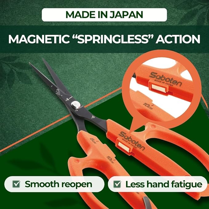 Saboten Japanese Harvesting Shears, Magnetic Springless, Fine-Tip Angled Blade, Fluorine-Coated Steel, Non-Slip Grip, Safety Lock, Made in Japan (Orange)