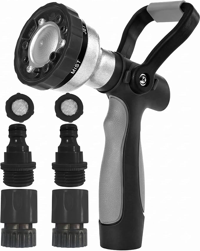 GREEN MOUNT Garden Hose Nozzle with Quick Connect Set - Zinc Alloy High Pressure Sprayer, Fireman Style Handle for Car Wash & Plant Watering，Black-grey