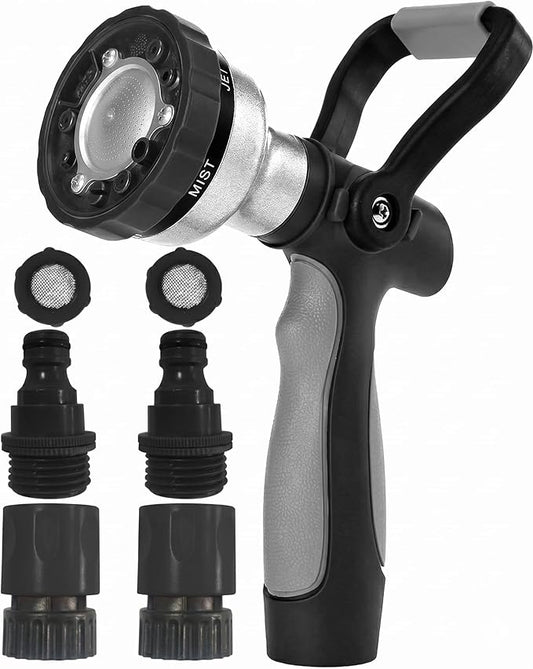 GREEN MOUNT Garden Hose Nozzle with Quick Connect Set - Zinc Alloy High Pressure Sprayer, Fireman Style Handle for Car Wash & Plant Watering，Black-grey