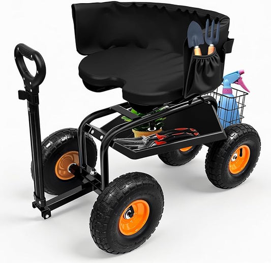 Rolling Garden Seat with Wheels, Adjustable 360° Swivel Workseat and Storage Basket, Extendable Handle, Outdoor Gardening Wagon Scooter