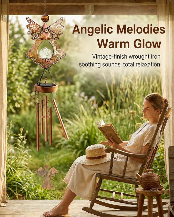 Solar Angel Wind Chimes for Outside: Melodious Birthday Gifts for Mom Women Grandma Her Wife - Weatherproof Metal Outdoor Decor Easy Hanging for Garden Patio Tree Window Memorial