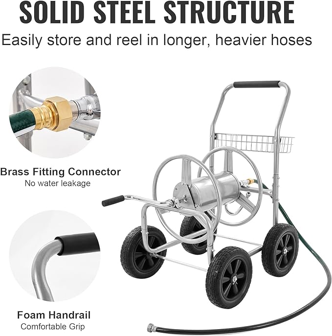 VEVOR Hose Reel Cart, Hold Up to 250 ft of 5/8’’ Hose, Garden Water Hose Carts Mobile Tools with 4 Wheels, Heavy Duty Powder-Coated Steel Outdoor Planting with Storage Basket, for Garden, Yard, Lawn