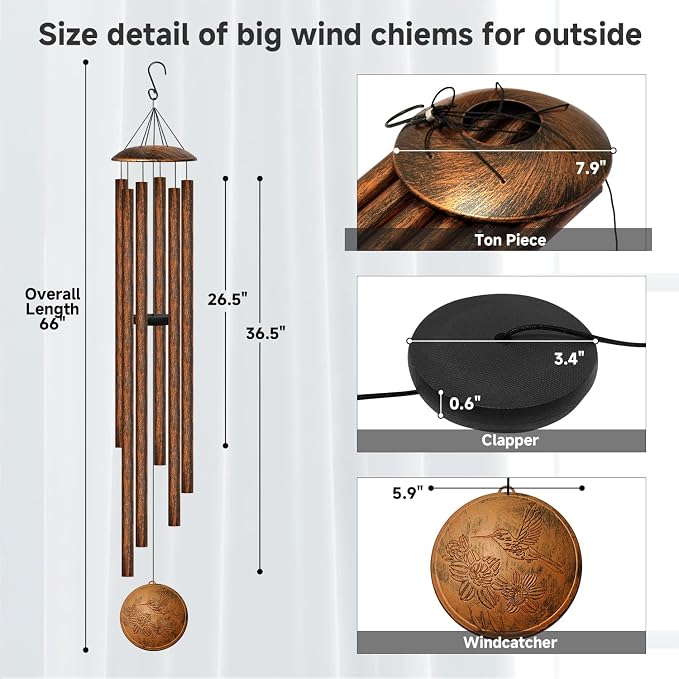 66" Extra Large Wind Chimes for Outside Deep Tone, 6 Thick and Bold Aluminum Tubes Relaxing Melody with Vintage Hummingbird Windcatcher for Garden Patio Decor, Great Gift Idea for Mother's Day